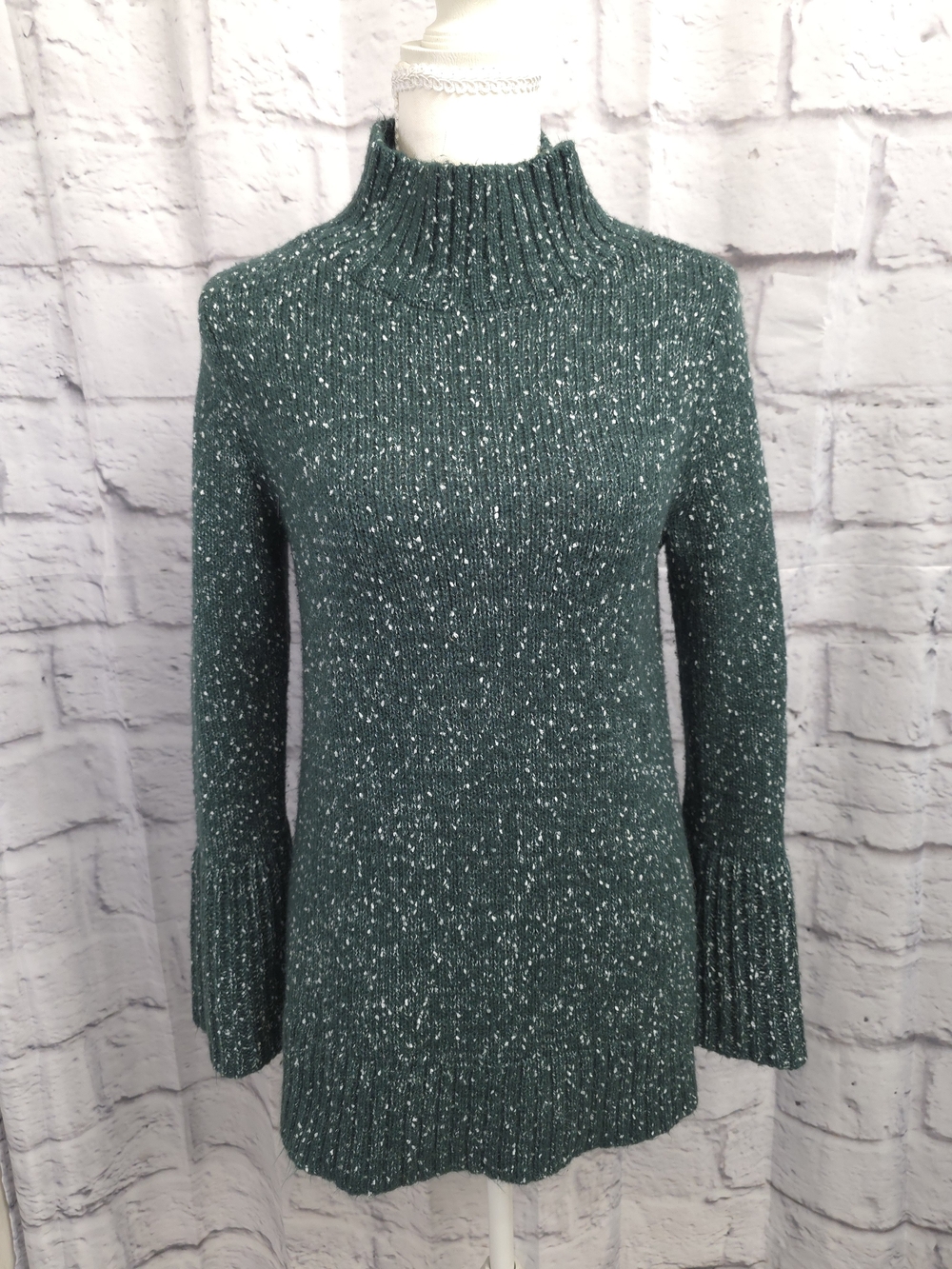 Ann Taylor Factory Teal Speckled Mock Neck Bell Sleeve Sweater Size Small